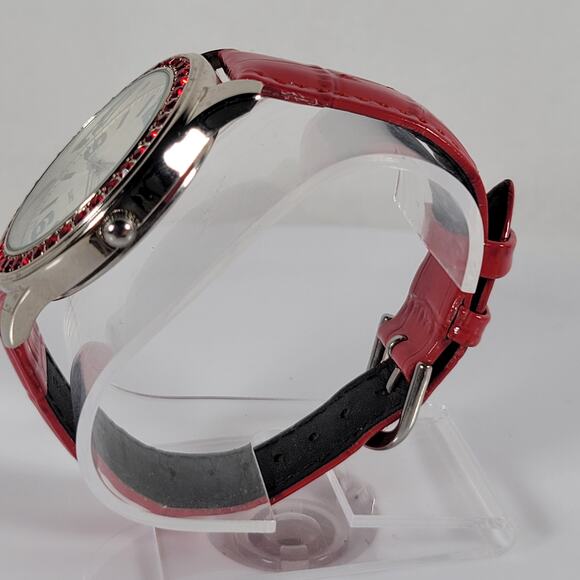 Red Crystal Bezel Quartz Watch with Leather Strap, Analog Display, 40mm Case - Picture 11 of 16